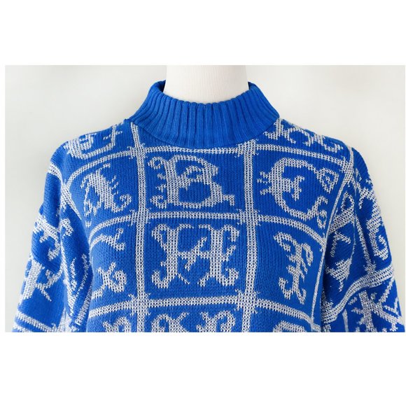 Vintage ADELE 80s 90s Blue White Alphabet Letters Sweater - Picture 4 of 9